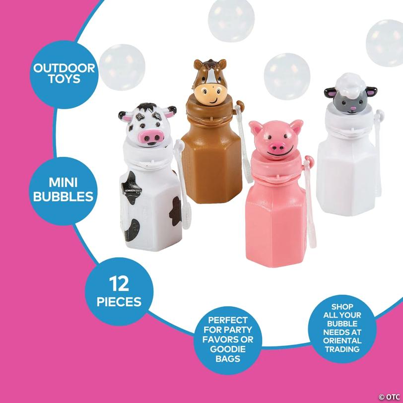 3" Mini Barnyard Cow, Horse, Pig & Sheep Plastic Bubble Bottles - 12 Pc.