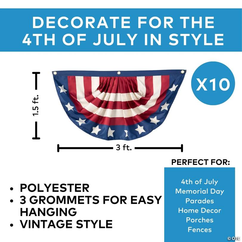 3 ft. x 1 1/2 ft. Bulk 10 Pc. Patriotic Vintage Americana Stars & Stripes Polyester Bunting