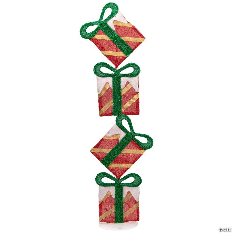 43" Red Striped Flat Tinsel Stacked Gift BoProper Lighted Outdoor Decoration