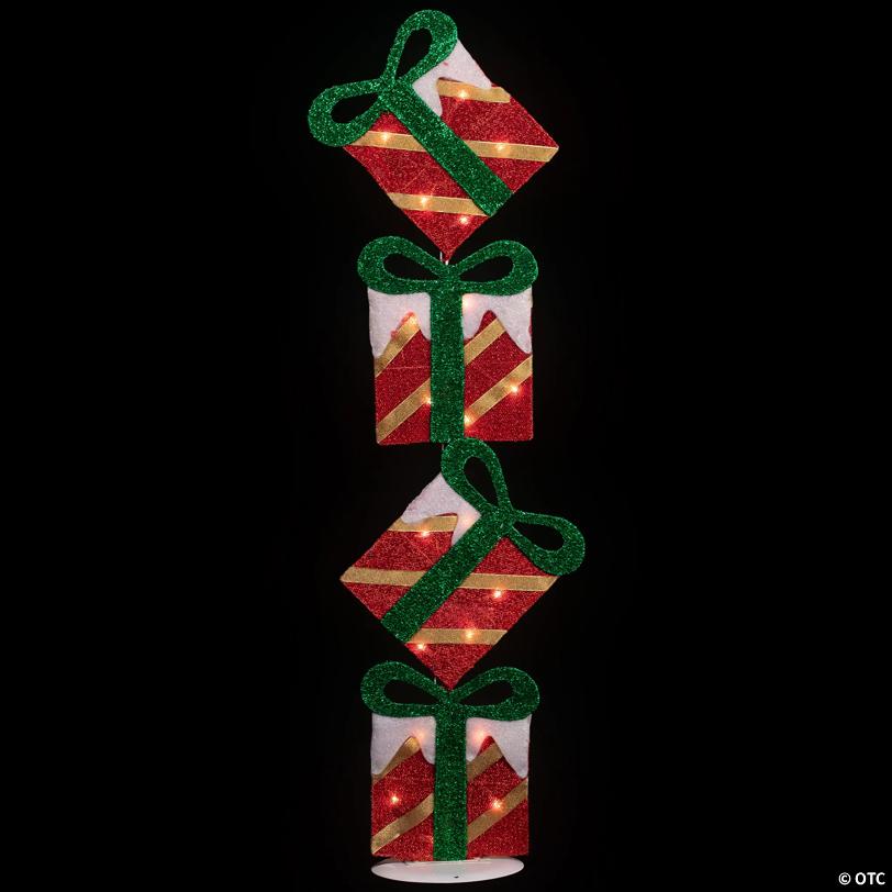 43" Red Striped Flat Tinsel Stacked Gift BoProper Lighted Outdoor Decoration