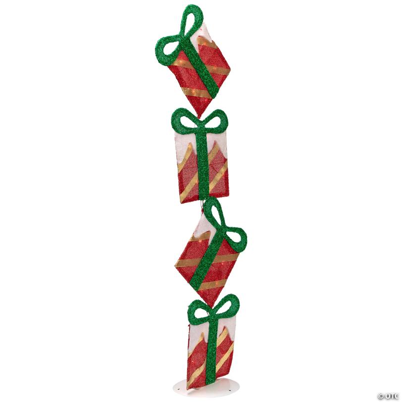 43" Red Striped Flat Tinsel Stacked Gift BoProper Lighted Outdoor Decoration