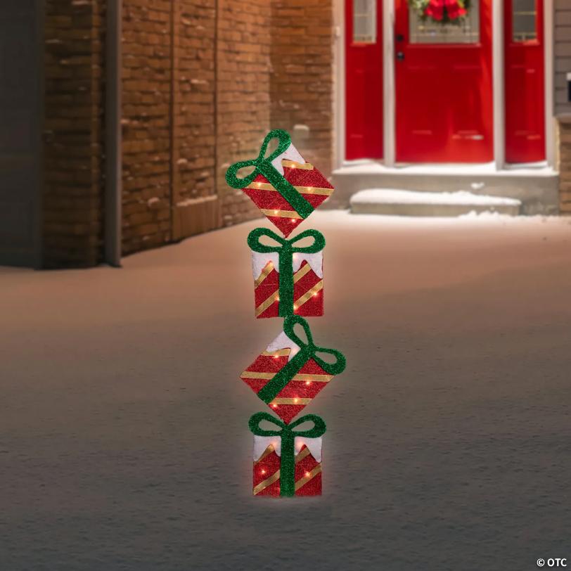 43" Red Striped Flat Tinsel Stacked Gift BoProper Lighted Outdoor Decoration
