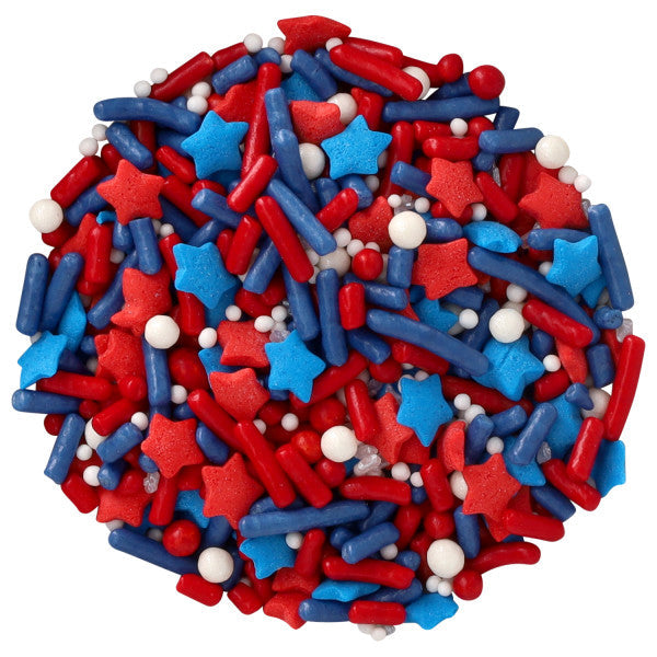 Patriotic Fusion Mix Sprinkles Red White and Blue 26 oz. handheld container