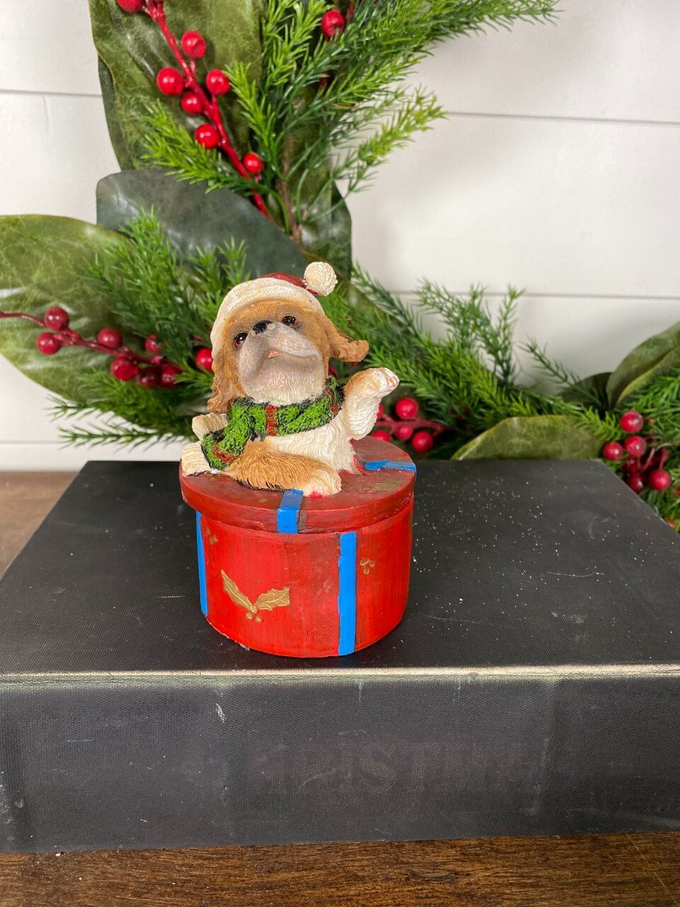 Dog Gift Box Holiday Accent Red Round