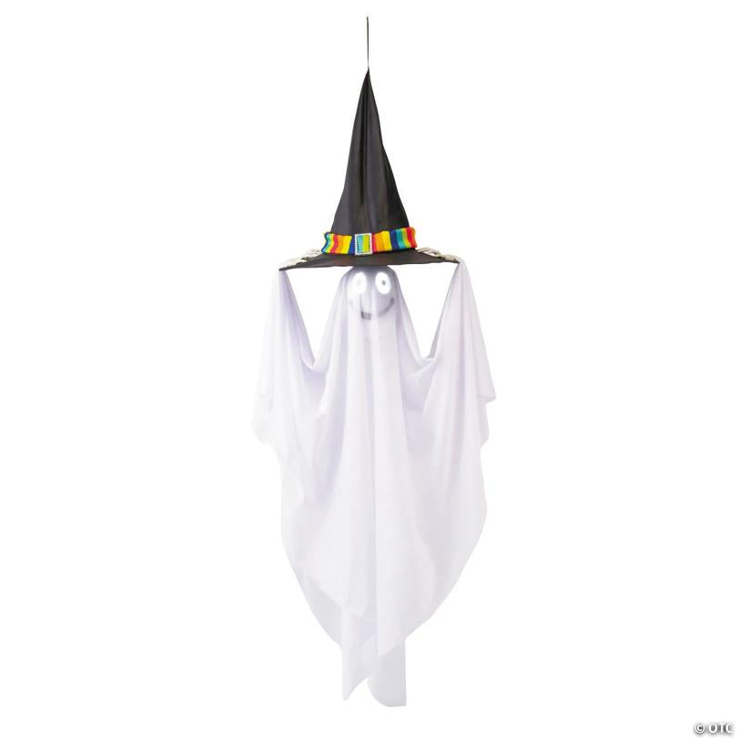 47 1/4" Light-Up Smiling Floating Ghost with Witch Hat Halloween Decoration