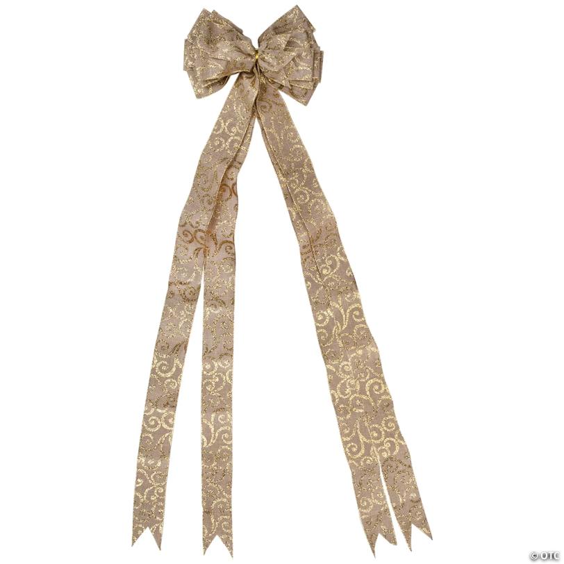 48" x 10" Burlap and Gold Scroll 16 Loop Christmas Bow Decoration