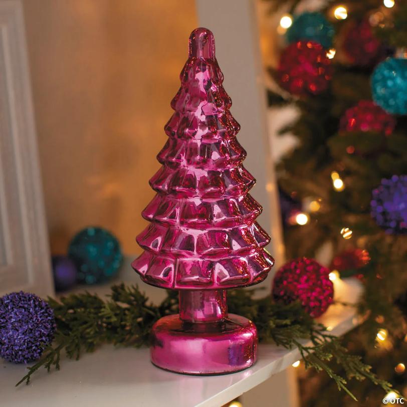 4 1/2" x 10 3/4" Pink Metallic Christmas Tree Glass Tabletop Centerpiece