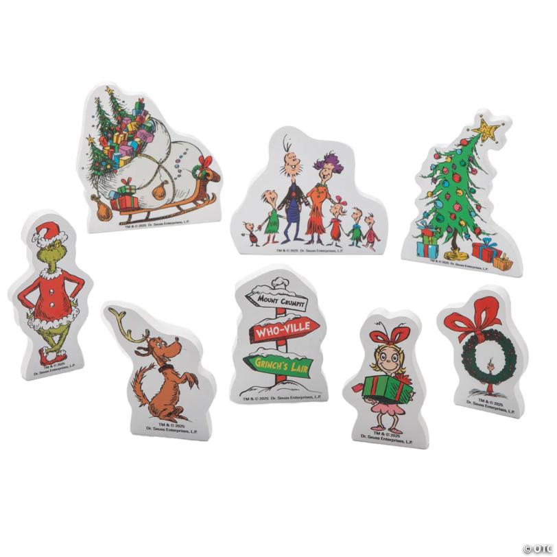 4" – 6" Dr. Seuss™ The Grinch Who-Ville Single-Sided Wooden Decoration Set – 8 Pc.