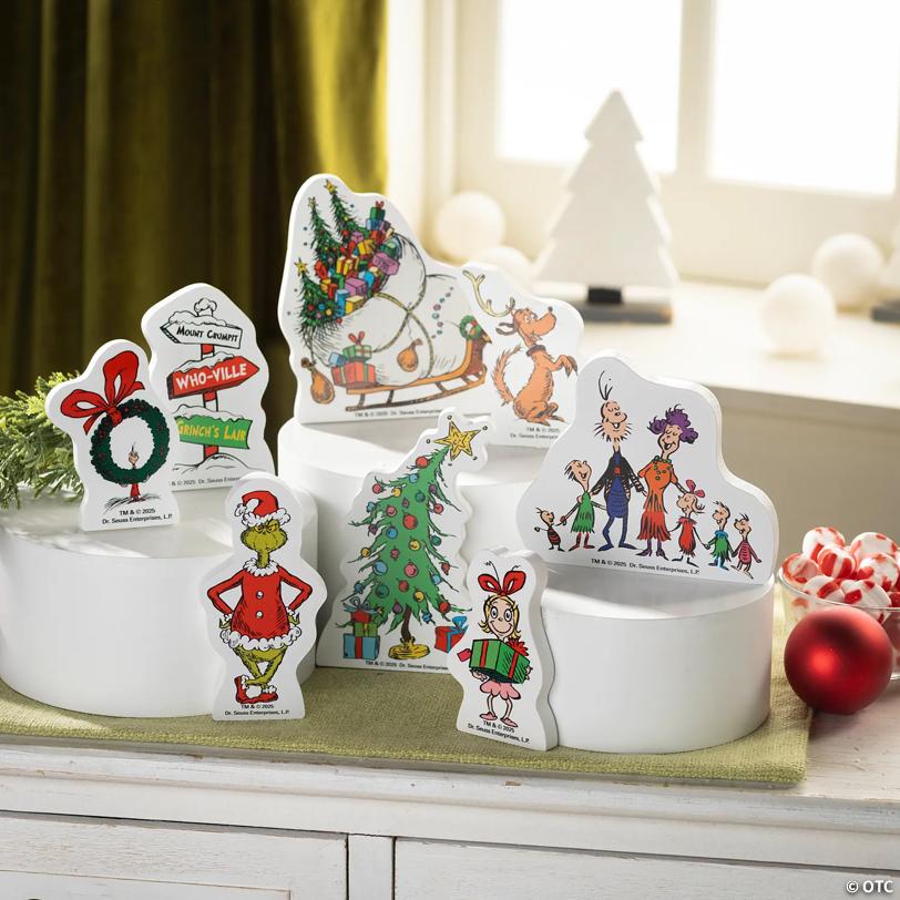 4" – 6" Dr. Seuss™ The Grinch Who-Ville Single-Sided Wooden Decoration Set – 8 Pc.