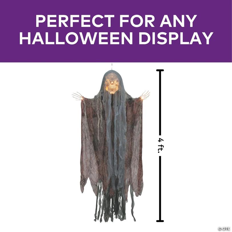 4 Ft. Hanging Orange Light-Up Skeleton Face Reaper Halloween Decoration