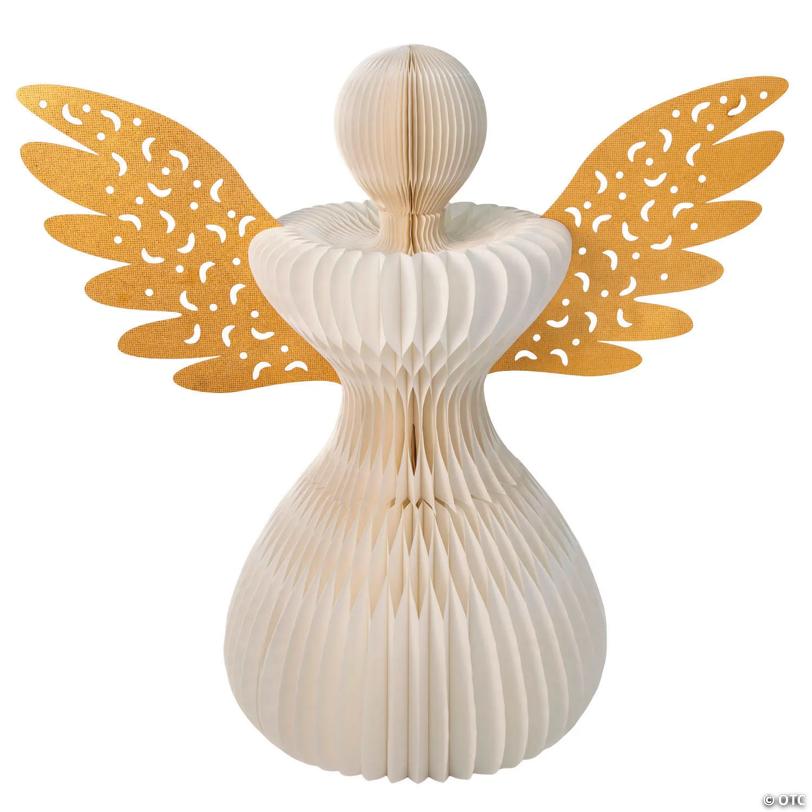 4 ft. White Religious Angel with Gold Wings Reusable Accordion Paper Decoration