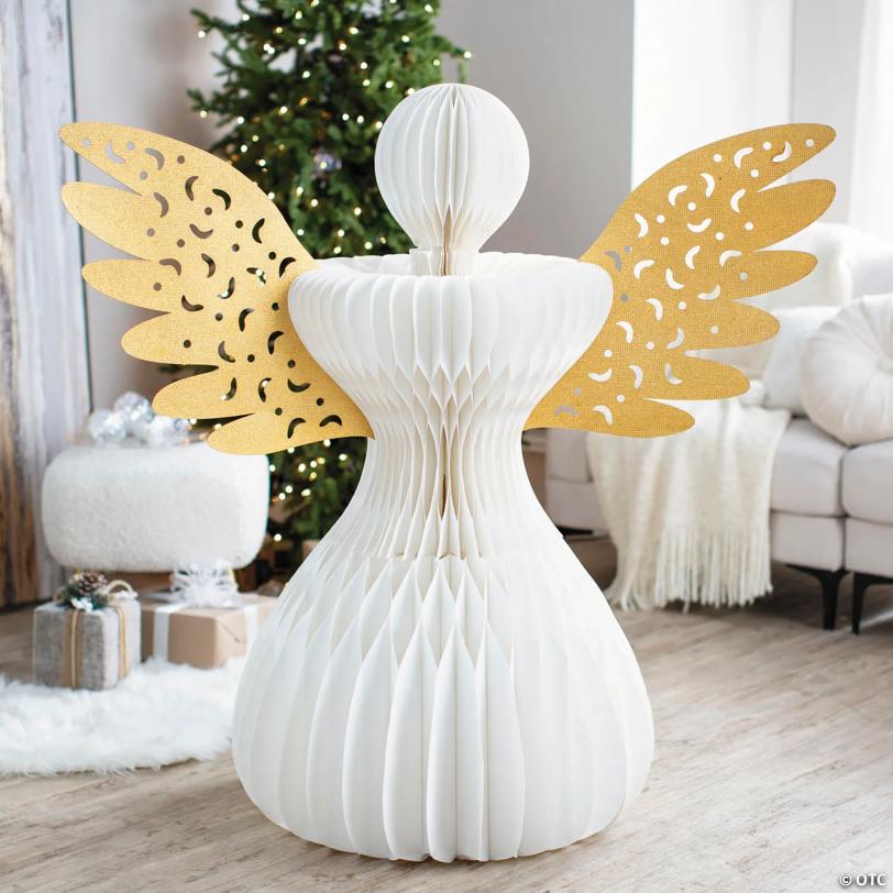 4 ft. White Religious Angel with Gold Wings Reusable Accordion Paper Decoration