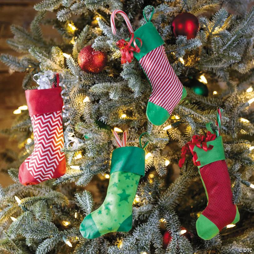 4" x 8" Red & Green Patterned Polyester Christmas Stockings – 4 Pc.