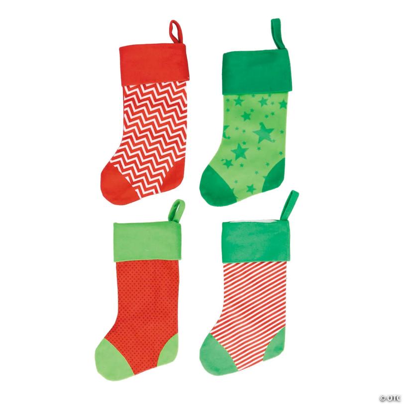 4" x 8" Red & Green Patterned Polyester Christmas Stockings – 4 Pc.