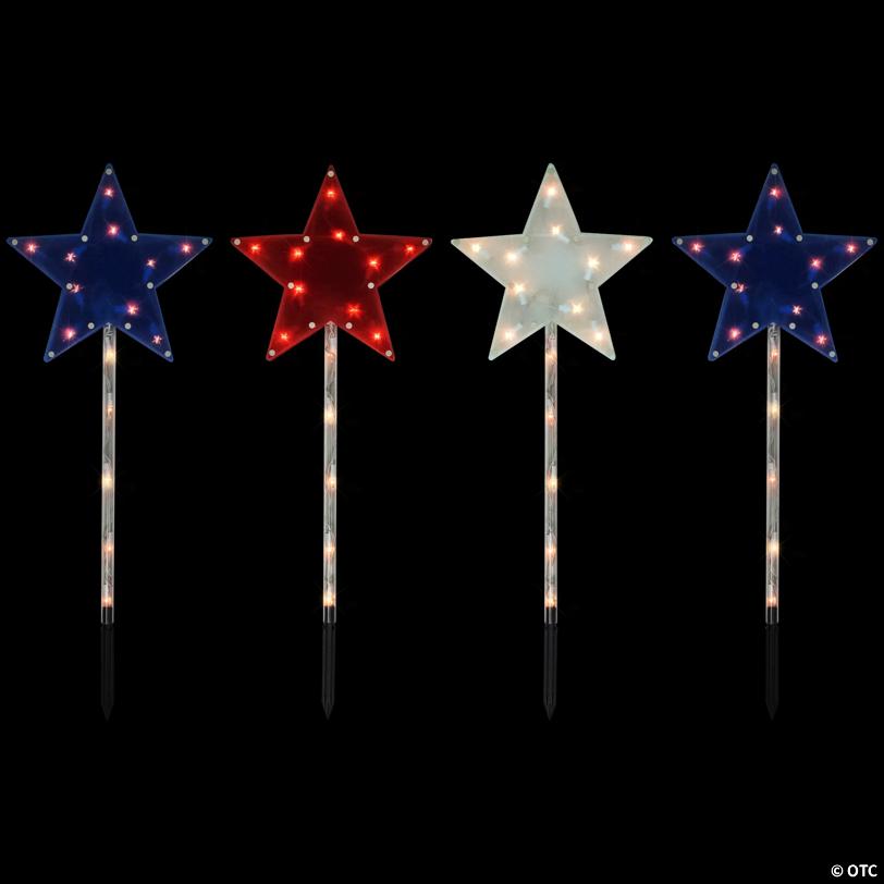 4ct Americana Stars 4th of July Pathway Marker Lawn Stakes  Clear Lights