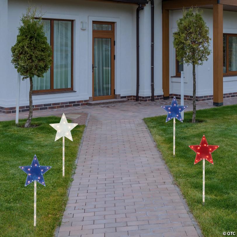 4ct Americana Stars 4th of July Pathway Marker Lawn Stakes  Clear Lights