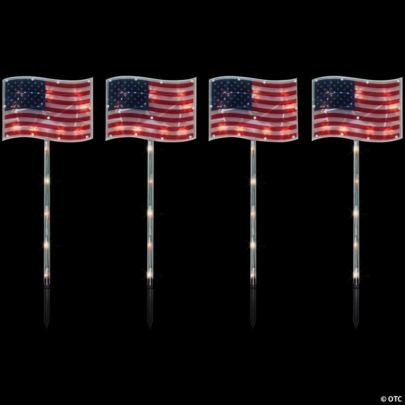 4ct Patriotic American Flag 4th of July Pathway Marker Lawn Stakes  Clear Lights