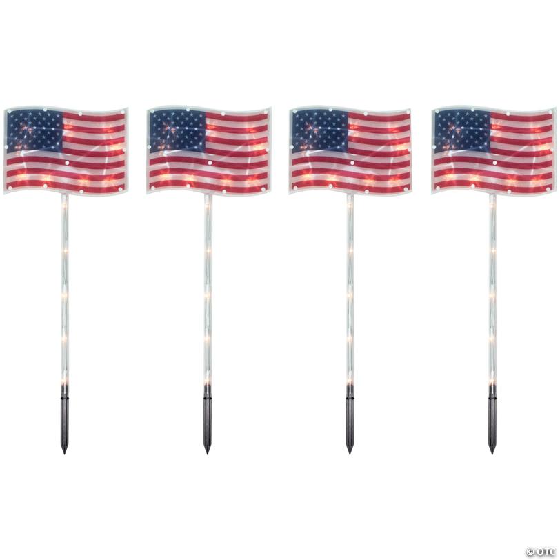 4ct Patriotic American Flag 4th of July Pathway Marker Lawn Stakes  Clear Lights