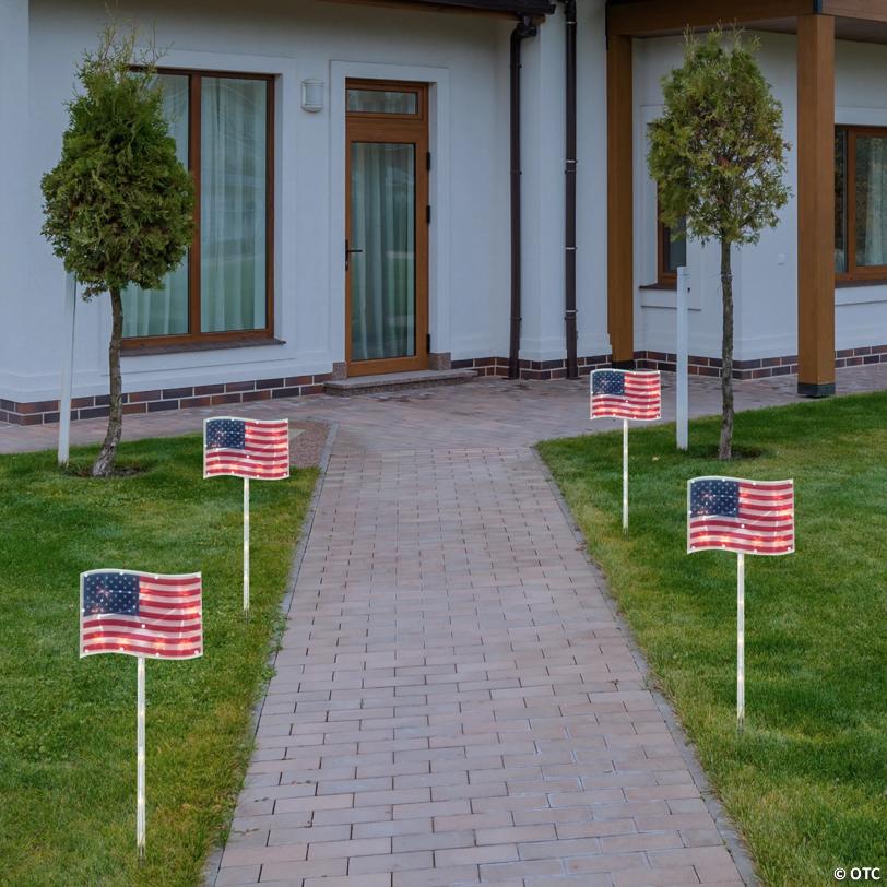 4ct Patriotic American Flag 4th of July Pathway Marker Lawn Stakes  Clear Lights