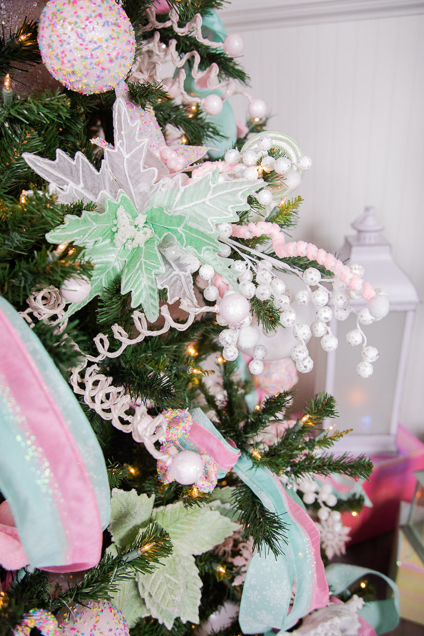 24” x 13" Green & White Frosted Glitter Poinsettia Stem