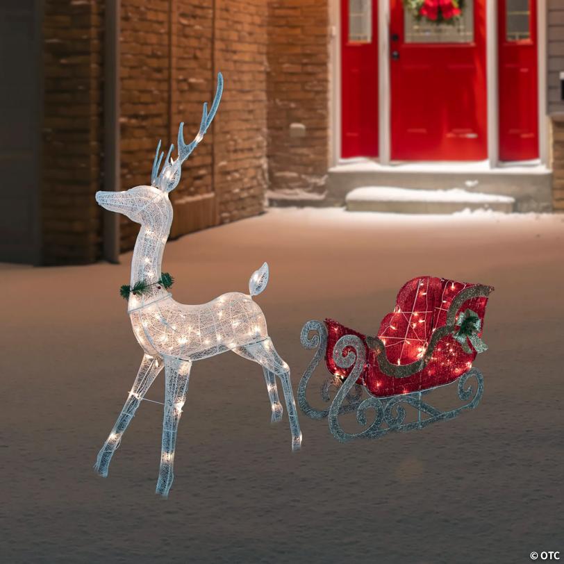 51" Lighted White Reindeer with Sleigh Christmas Decoration
