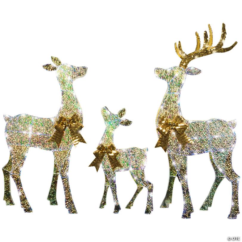 51" Reindeer Family Acrylic Iridescent Sculpture with Built-In LED Lights Christmas Outdoor Yard Decorations - 3 Pc.