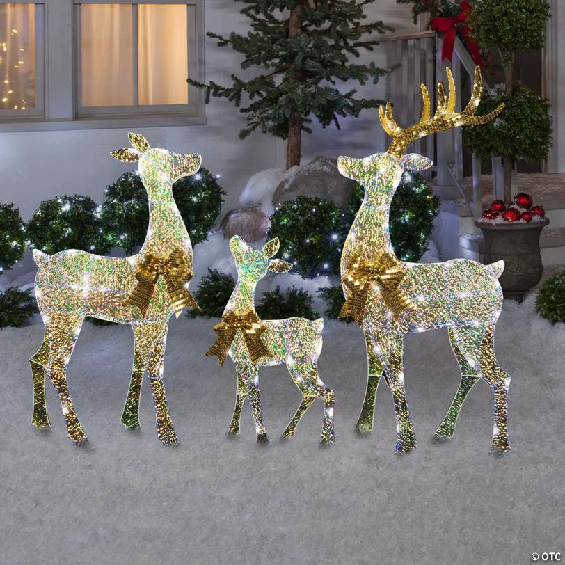 51" Reindeer Family Acrylic Iridescent Sculpture with Built-In LED Lights Christmas Outdoor Yard Decorations - 3 Pc.