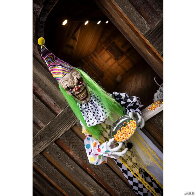 5 Ft. 6" Hanging Animated Multicolored Clown with Green Hair Halloween Decoration