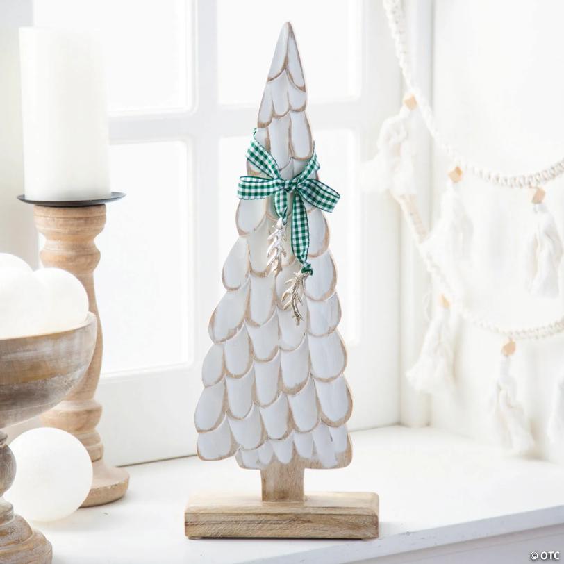 5" x 16 3/4" White Wooden Christmas Tree with Mistletoe Tabletop Centerpiece