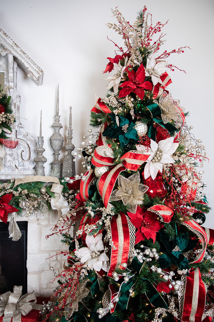 24” x 12.5" Velvet Sequin Stripe Poinsettia Stem