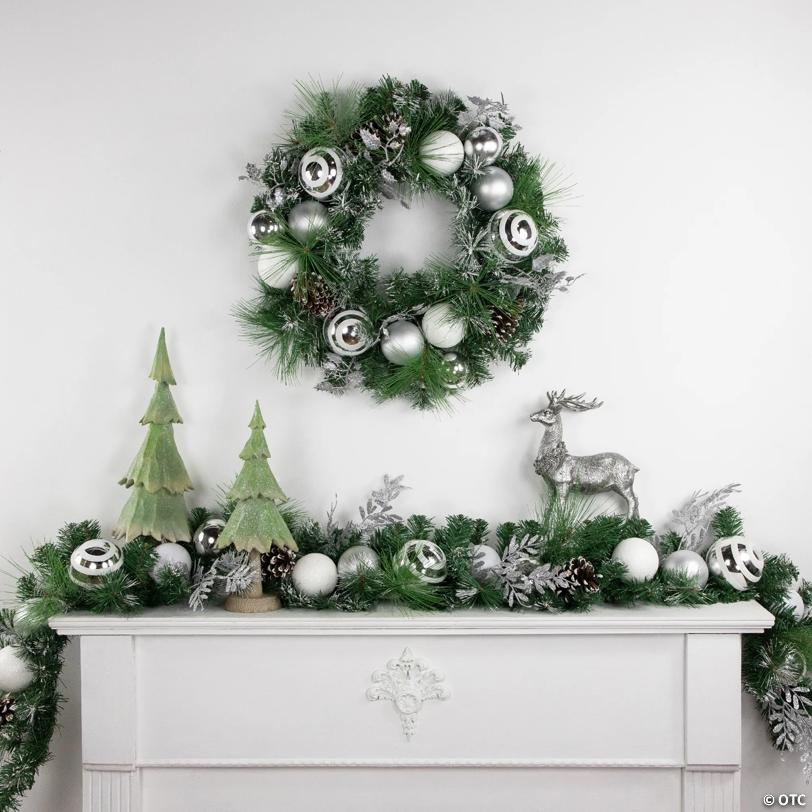6' Green Pine Needle Garland with Pinecones and Striped Christmas Ornaments  Unlit
