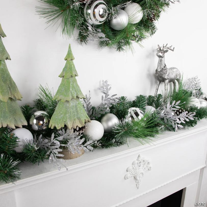 6' Green Pine Needle Garland with Pinecones and Striped Christmas Ornaments  Unlit