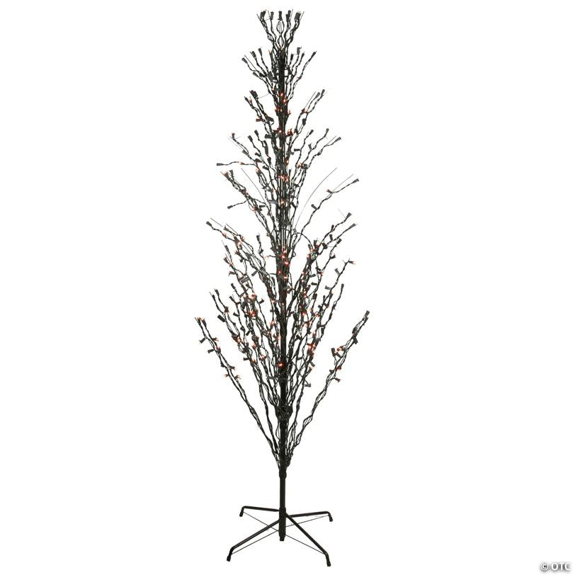 6' Pre-Lit Black Cascade Outdoor Halloween Twig Tree  Orange Lights
