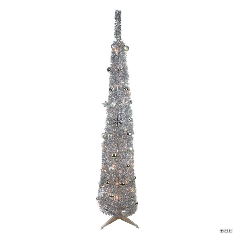 6' Pre-Lit Silver Pre-Decorated Pop-Up Artificial Christmas Tree