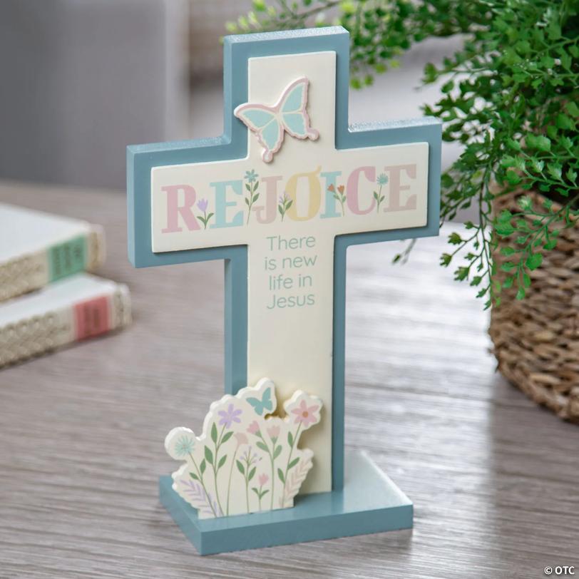6" x 9 1/2" Religious Enchanted Garden Rejoice Cross Wooden Tabletop Decoration