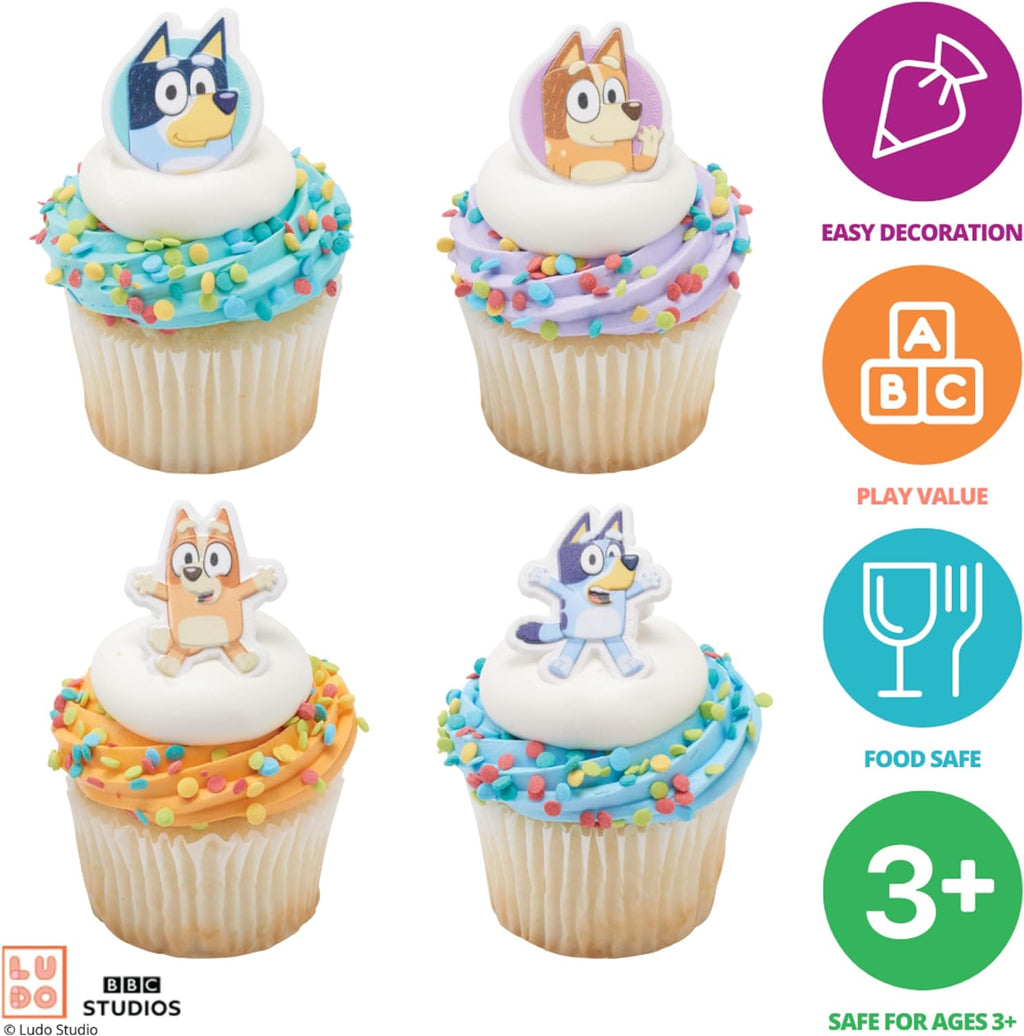 Bluey So Much Fun Rings, 12 Cupcake Cake Decorations Featuring Bluey, Bingo, Bandit, and Chilli, 3D Food Safe Cake Toppers – 72 Pack (Copy)