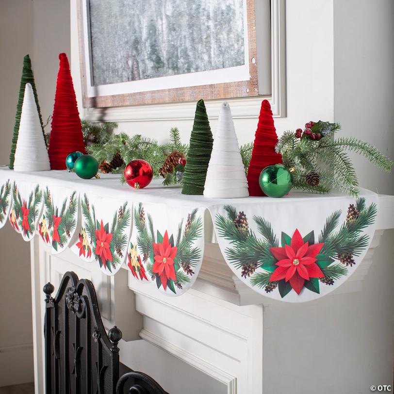 73" x 19" Christmas Poinsettia & Pine Needles Bunting Mantle Scarf