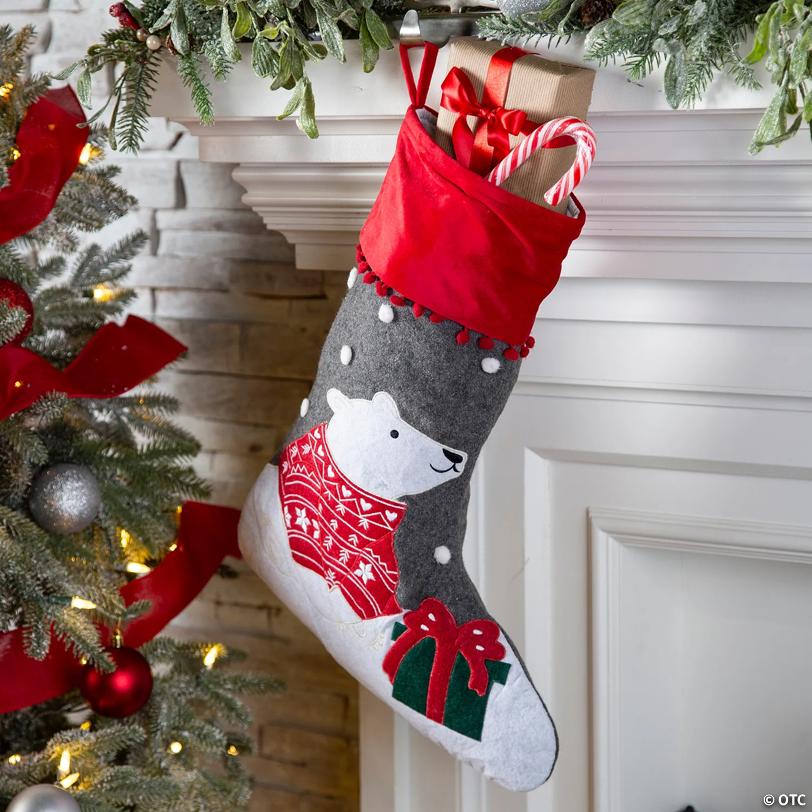 7 1/2" x 18" Multicolor Snowfall Polar Bear Woolen Felt Christmas Stocking