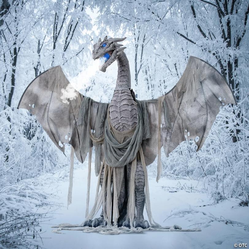 7 Ft. Animated Winter Dragon Metal Halloween Decoration with Volume Control