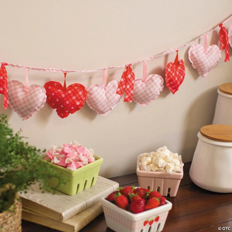 7 ft. Gingham Love in Bloom Ready-to-Hang Stuffed Heart & Bow Garland