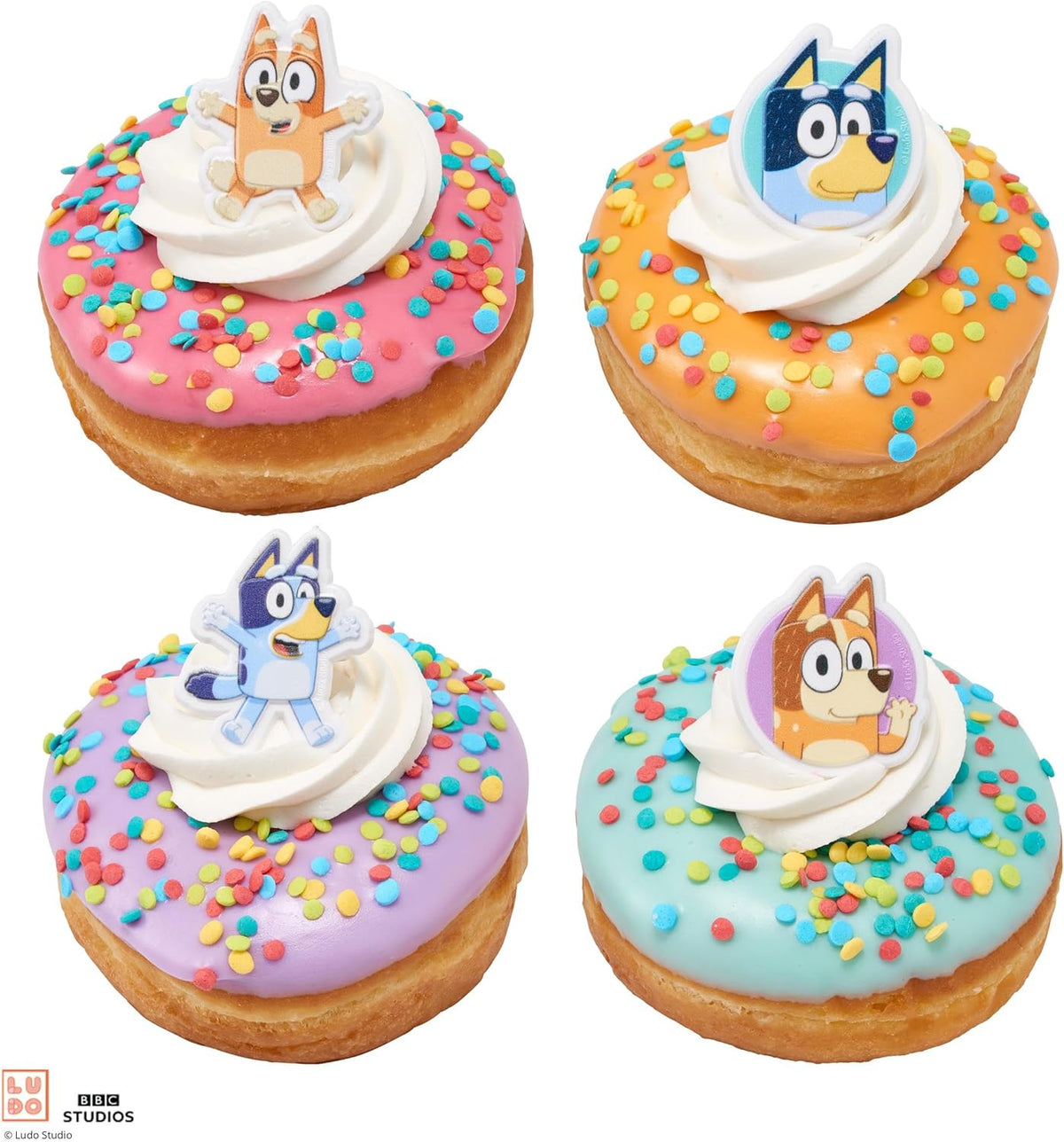 Bluey So Much Fun Rings, 72 Cupcake Decorations Featuring Bluey, Bingo, Bandit, and Chilli, 3D Food Safe Cake Toppers – 72 Pack