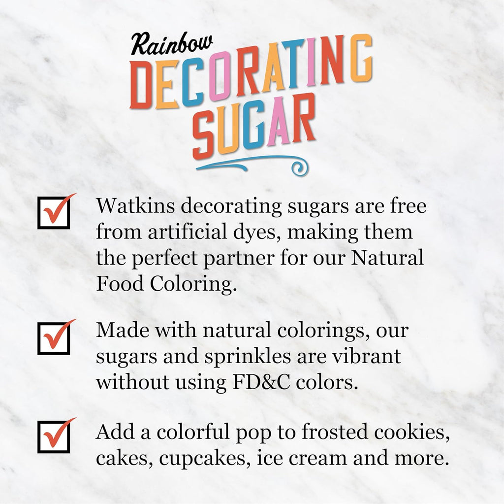Watkins Rainbow Sanding Decorating Sugar, Non-GMO, Kosher, 4.6 Ounce Jar Dye Free