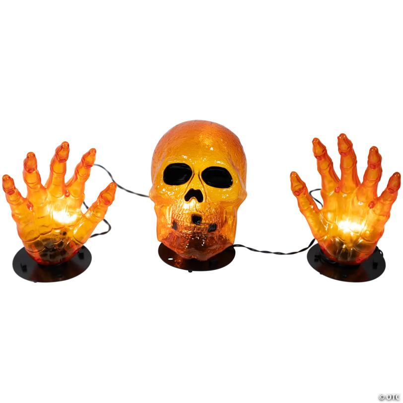 8.5" Lighted Orange Skull and Hands Outdoor Halloween Decoration - 4ft Black Wire