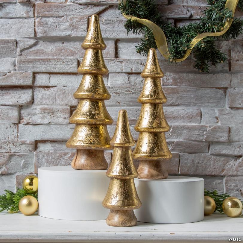 8" – 12 1/4" Gold Foil Christmas Tree Wooden Tabletop Centerpieces – 3 Pc.