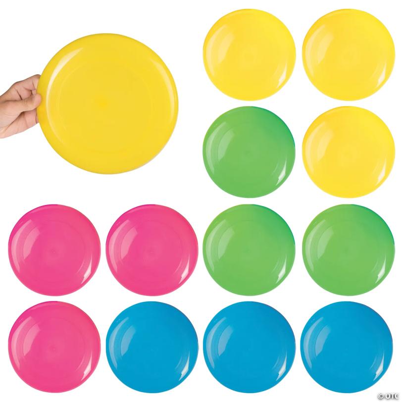 9" Classic Bright Yellow, Pink, Blue & Green Vinyl Flying Discs - 12 Pc.