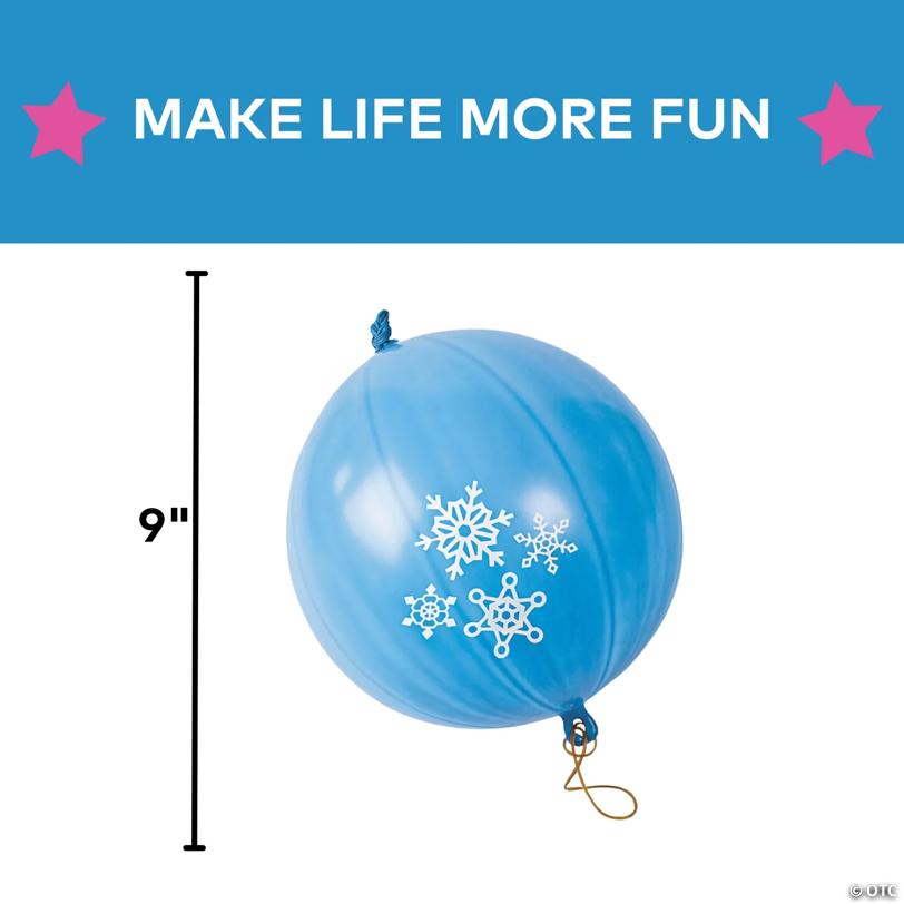 9" Snowflake Blue Latex Punch Ball Balloons with Rubber Band Handles - 12 Pc.