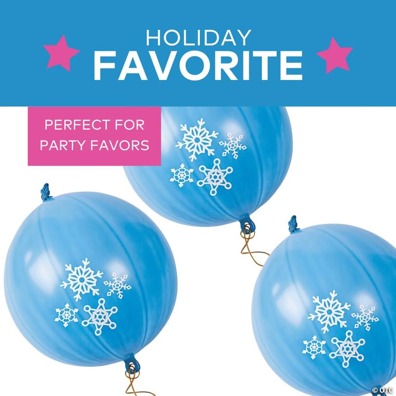 9" Snowflake Blue Latex Punch Ball Balloons with Rubber Band Handles - 12 Pc.