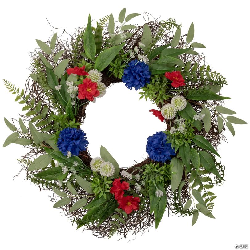 Americana Mixed Floral Patriotic Wreath  24-Inch  Unlit