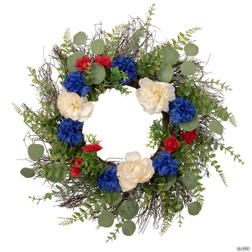 Americana Mixed Foliage and Florals Patriotic Wreath  24-Inch  Unlit