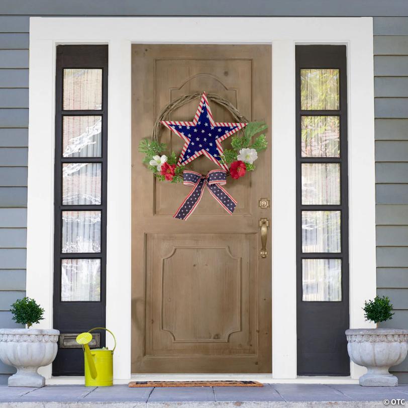 Americana Star and Mixed Floral Patriotic Wreath  24-Inch  Unlit